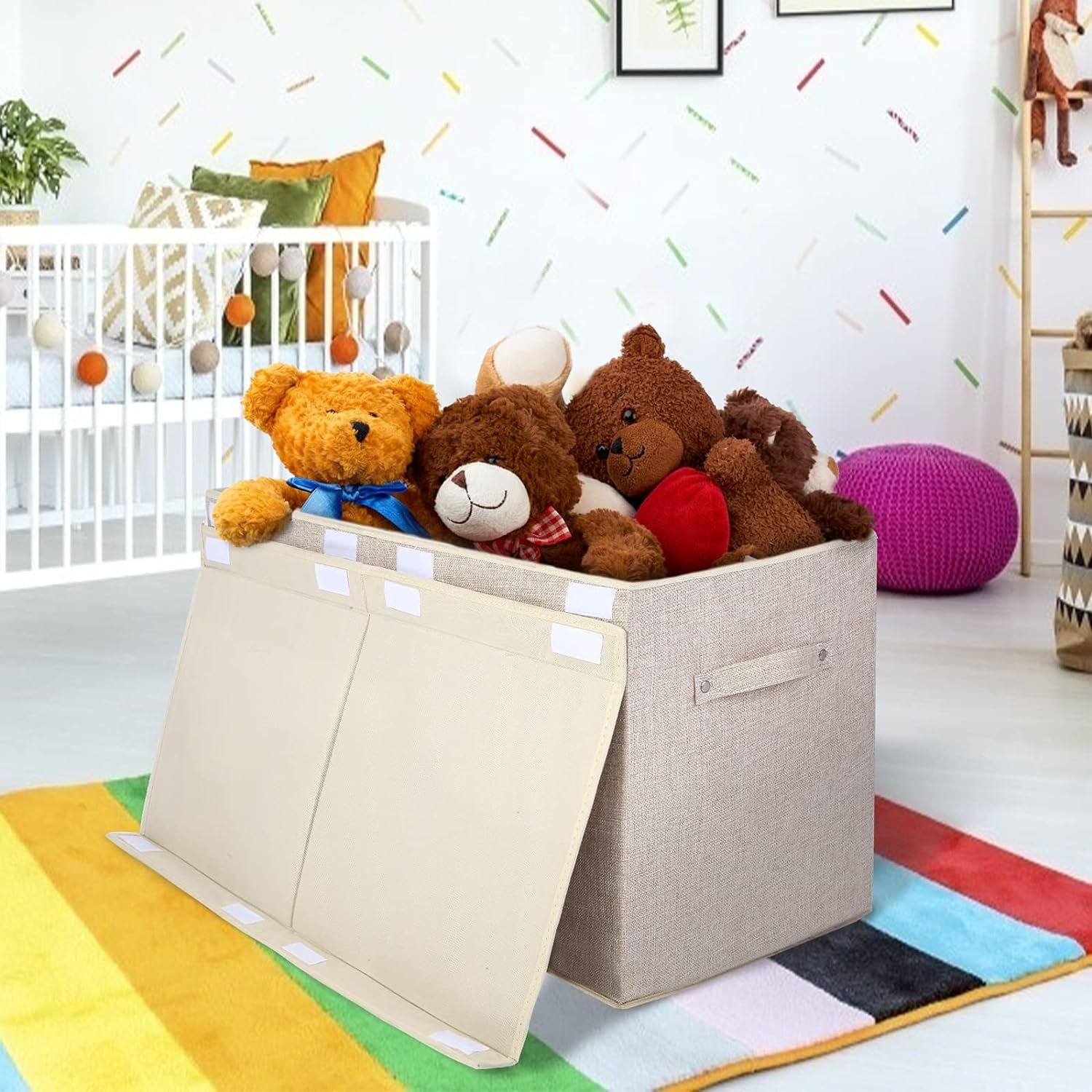 Foldable Kids Cloth Fabric Storage Chest Bins Cubes Organizer Collapsible Large Toy Storage Box & Bins with Lid Square 3 Pack