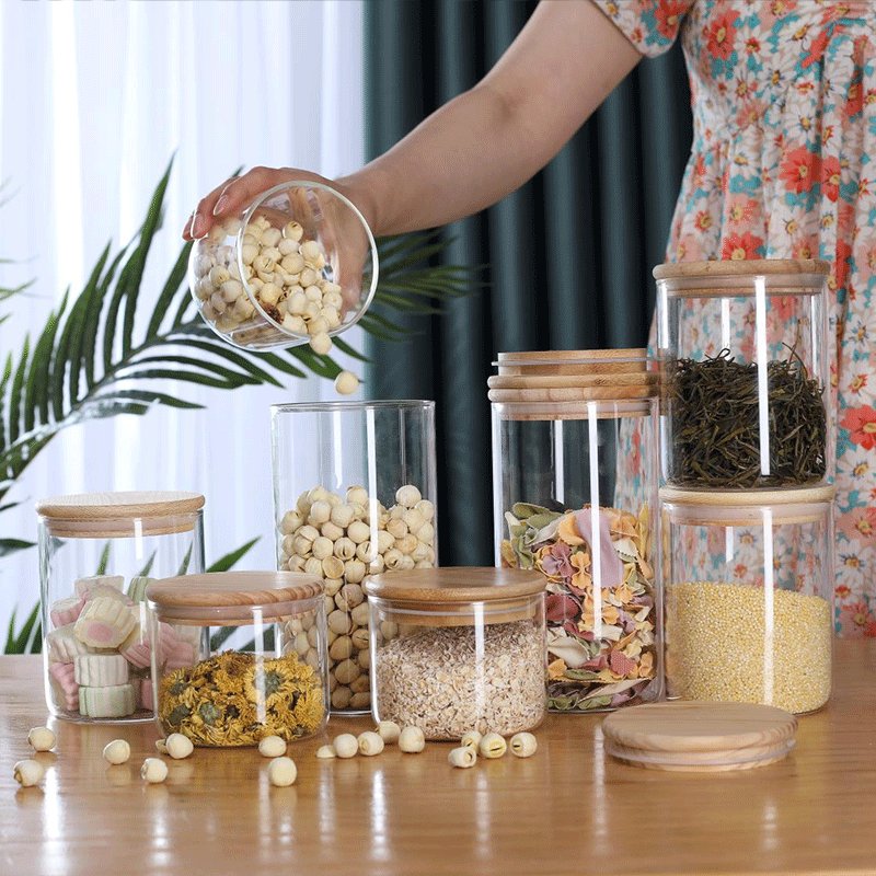 wholesale Glass Storage Jars Airtight Lids with Bamboo Kitchen Food Eco-friendly Minimalist Giveaways Round Dry Storage