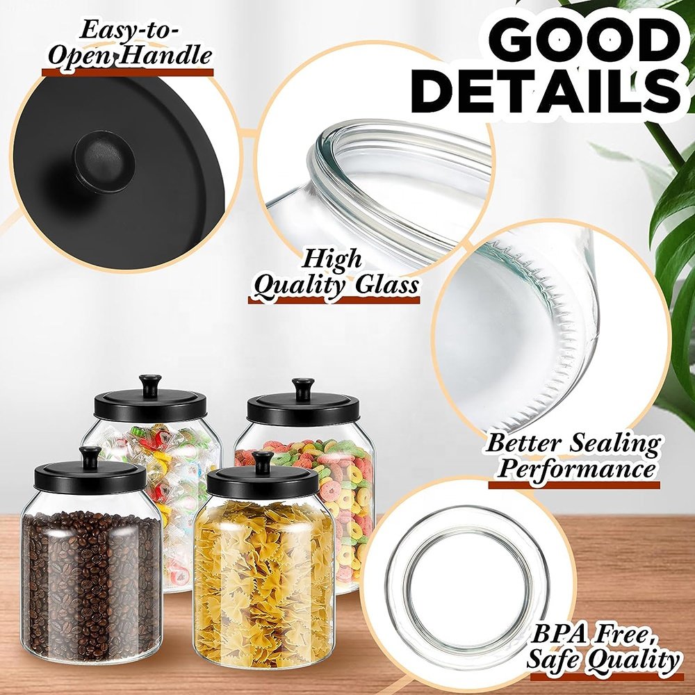 Large Glass Jars with Black Lids Cookie Snack Food Storage & Container with Sealed Metal Lids Kitchen Canister