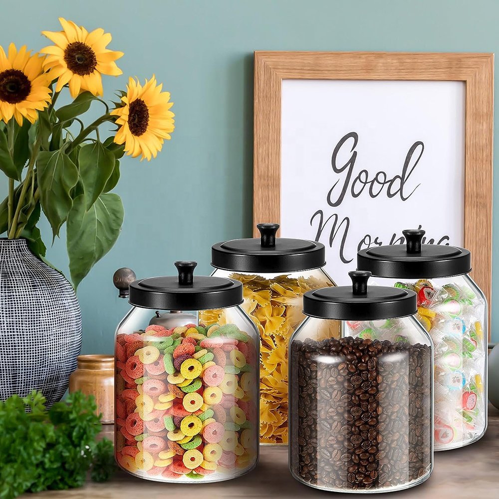 Large Glass Jars with Black Lids Cookie Snack Food Storage & Container with Sealed Metal Lids Kitchen Canister