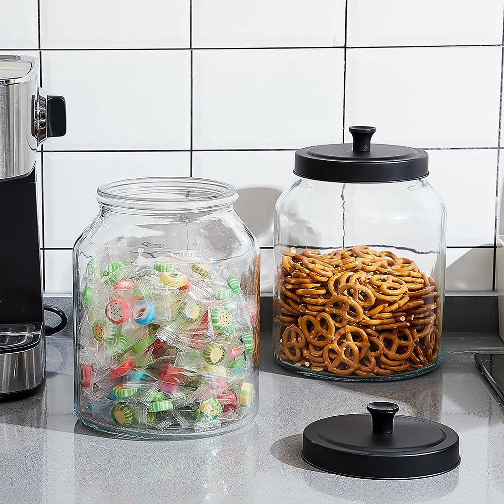 Large Glass Jars with Black Lids Cookie Snack Food Storage & Container with Sealed Metal Lids Kitchen Canister