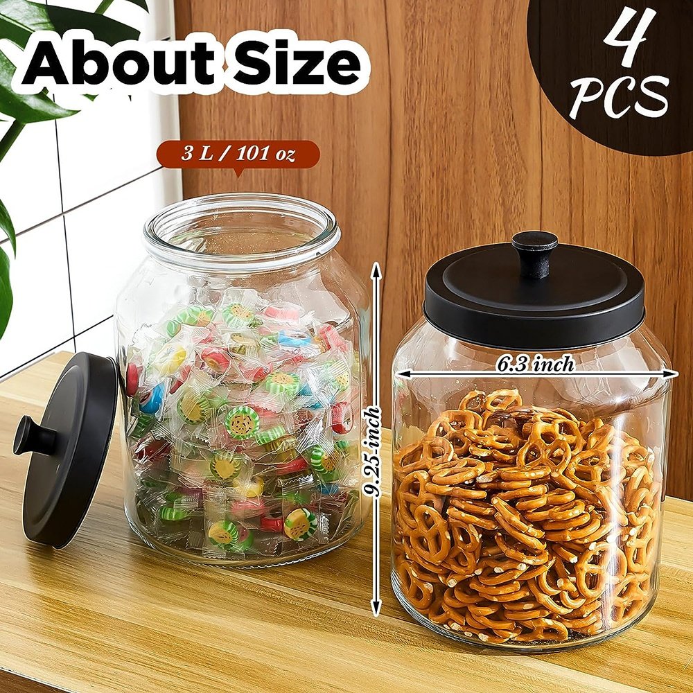 Large Glass Jars with Black Lids Cookie Snack Food Storage & Container with Sealed Metal Lids Kitchen Canister