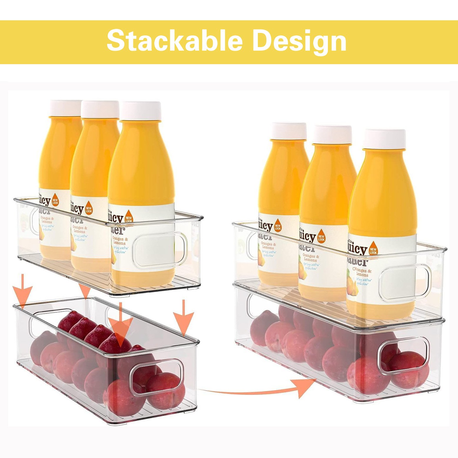 Set of 2/4/6 Clear Plastic Refrigerator Pantry Organizer Bins Food Storage Bin - Stackable Fridge Organizers with Handles