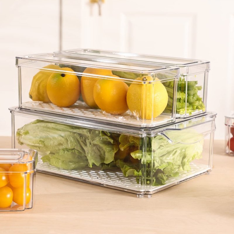 Eco Friendly Transparent Stackable Refrigerator Organizer Box Food grade Fridge Organizer with Lids for Fridge Organization
