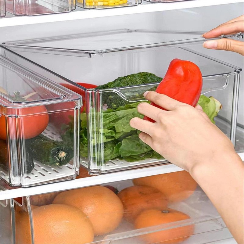 Eco Friendly Transparent Stackable Refrigerator Organizer Box Food grade Fridge Organizer with Lids for Fridge Organization