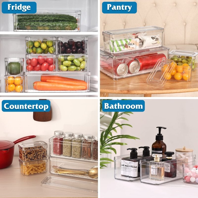 Eco Friendly Transparent Stackable Refrigerator Organizer Box Food grade Fridge Organizer with Lids for Fridge Organization