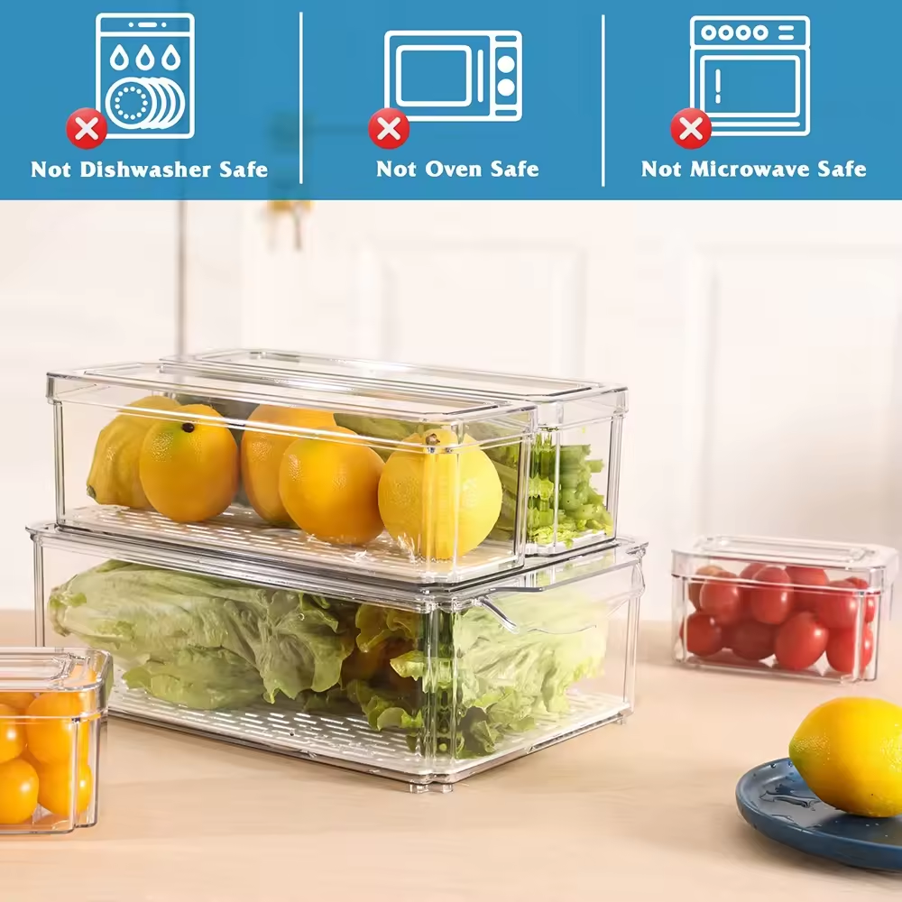 Eco Friendly Transparent Stackable Refrigerator Organizer Box Food grade Fridge Organizer with Lids for Fridge Organization