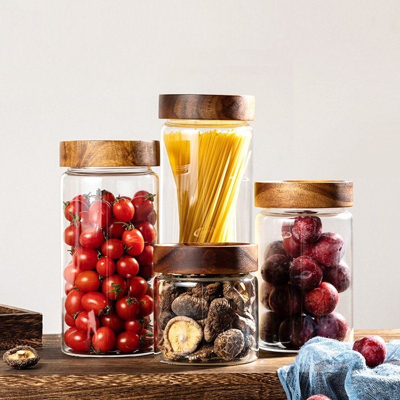 Airtight Glass Storage Jar with Acacia Screw Lid Glass Food Storage Containers for Kitchen Counter