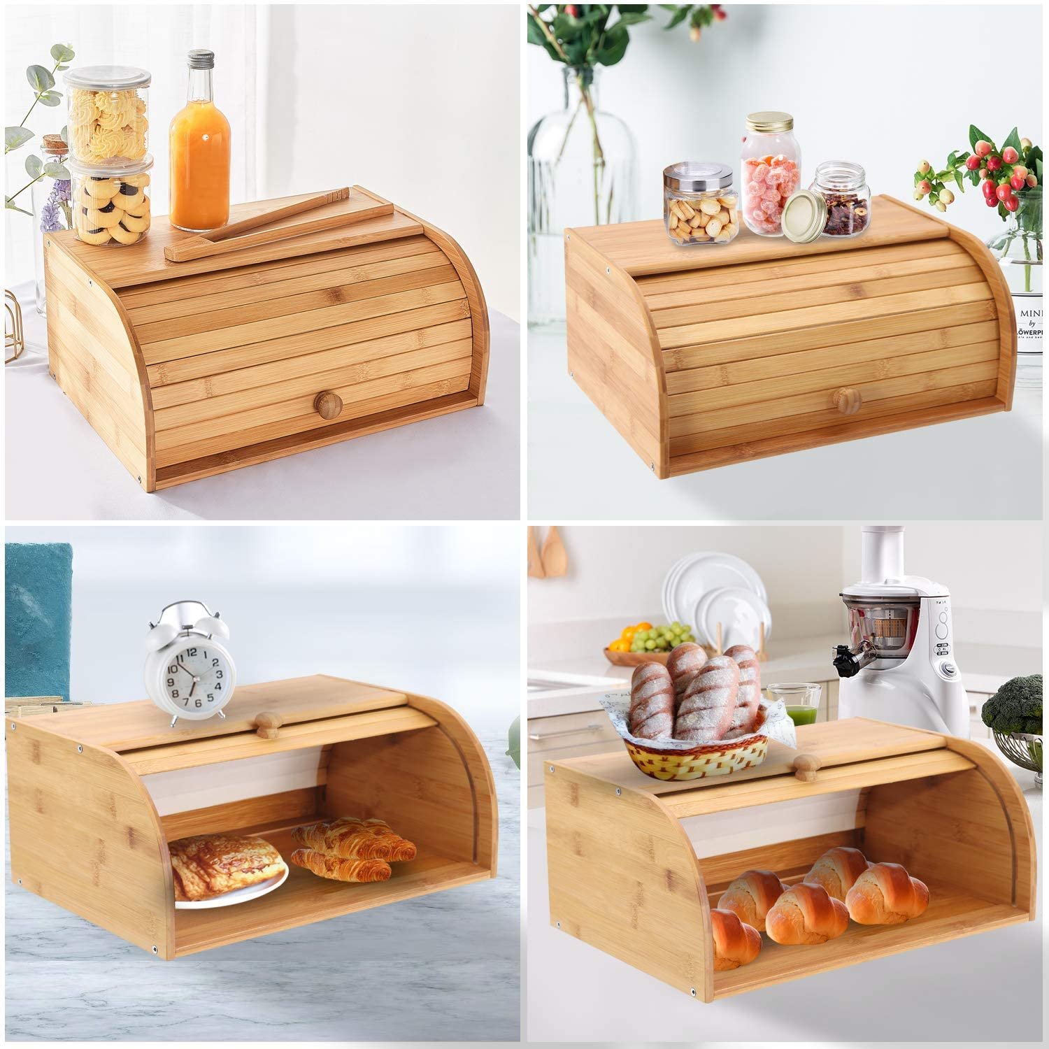 Bread Box, 1 Layer Bamboo Bread Boxes for Kitchen Food Storage, Large Capacity Bread Keeper Roll Top with Removable Layer