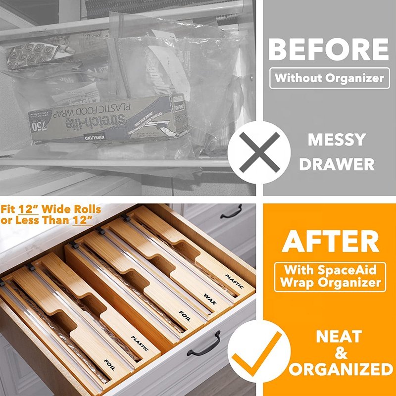 3 in 1 Plastic Wrap Foil Dispenser Bamboo Roll Organizer Holder with Cutter and Labels bamboo ziplock bag storage organizer