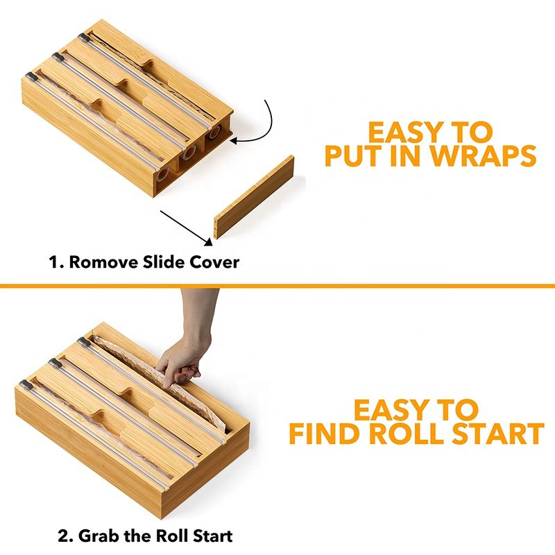 3 in 1 Plastic Wrap Foil Dispenser Bamboo Roll Organizer Holder with Cutter and Labels bamboo ziplock bag storage organizer