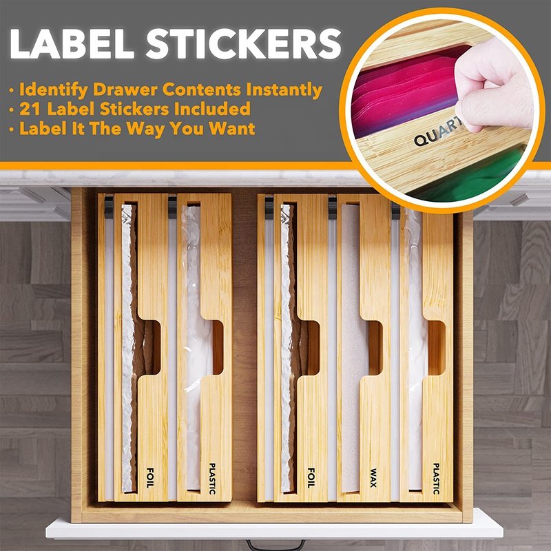 3 in 1 Plastic Wrap Foil Dispenser Bamboo Roll Organizer Holder with Cutter and Labels bamboo ziplock bag storage organizer