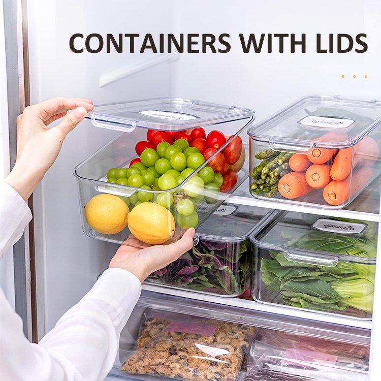 Kitchen Fridge Freezer Clear Plastic Vegetable Food Storage Container Box With Handle Lids Refrigerator Organizer Box
