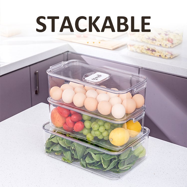 Kitchen Fridge Freezer Clear Plastic Vegetable Food Storage Container Box With Handle Lids Refrigerator Organizer Box