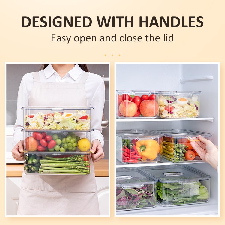 Kitchen Fridge Freezer Clear Plastic Vegetable Food Storage Container Box With Handle Lids Refrigerator Organizer Box