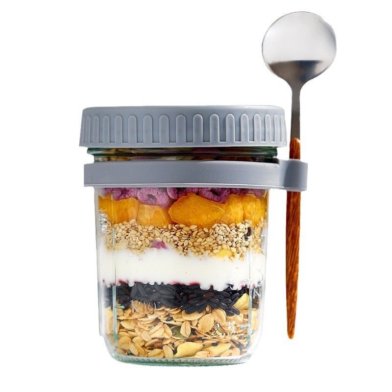Direct Factory Price Customized 350ml Oats Container Bottle With Stainless Spoon And Various Colored Silicone Lids Cover