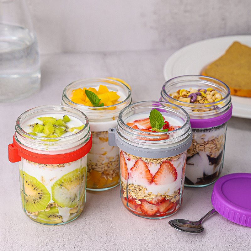 Direct Factory Price Customized 350ml Oats Container Bottle With Stainless Spoon And Various Colored Silicone Lids Cover