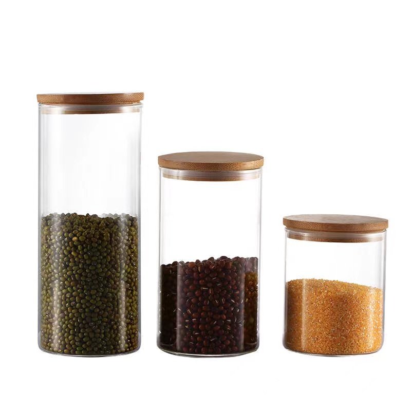 Wholesale round Clear Borosilicate Glass Jar Airtight Kitchen Food Storage Container Bamboo Wood Lid Condiments
