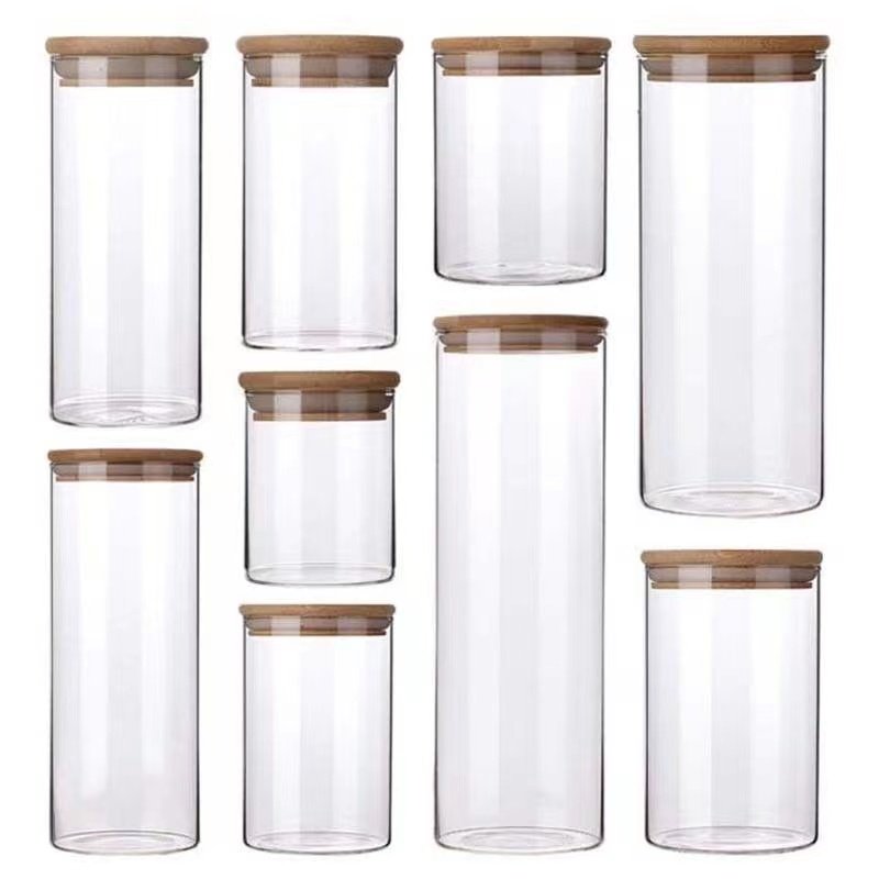 Wholesale round Clear Borosilicate Glass Jar Airtight Kitchen Food Storage Container Bamboo Wood Lid Condiments