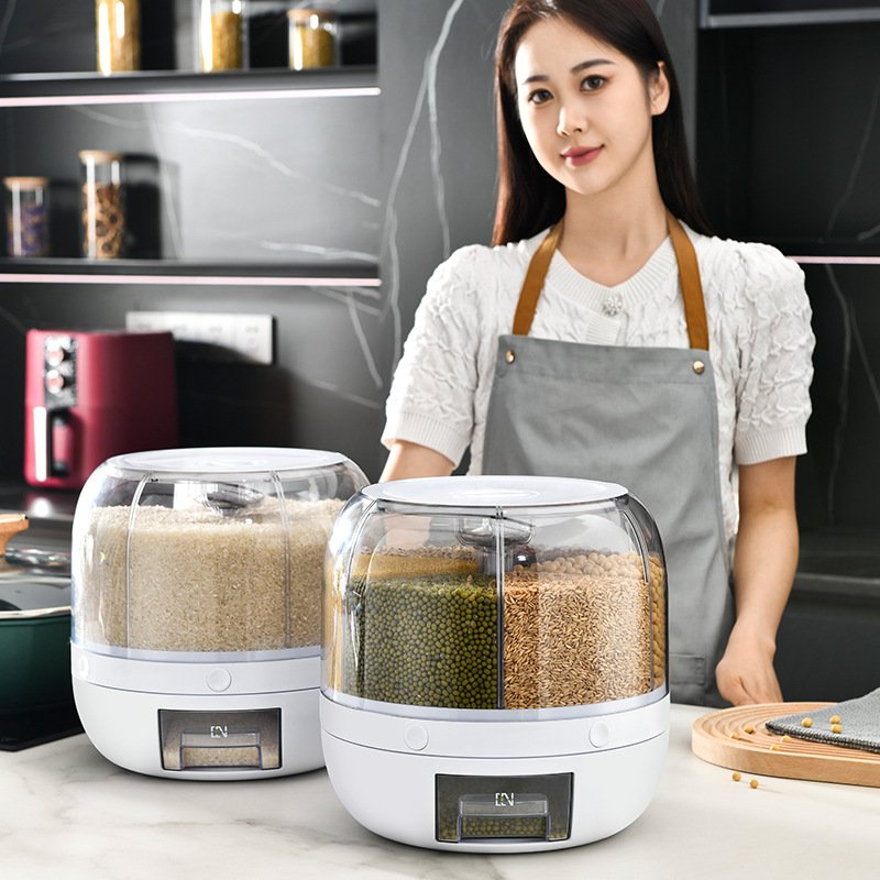 Small 6 Grids Divided Rice Coffee Bean Dry Food Cereal Dispenser Rotating Cereal Storage Container