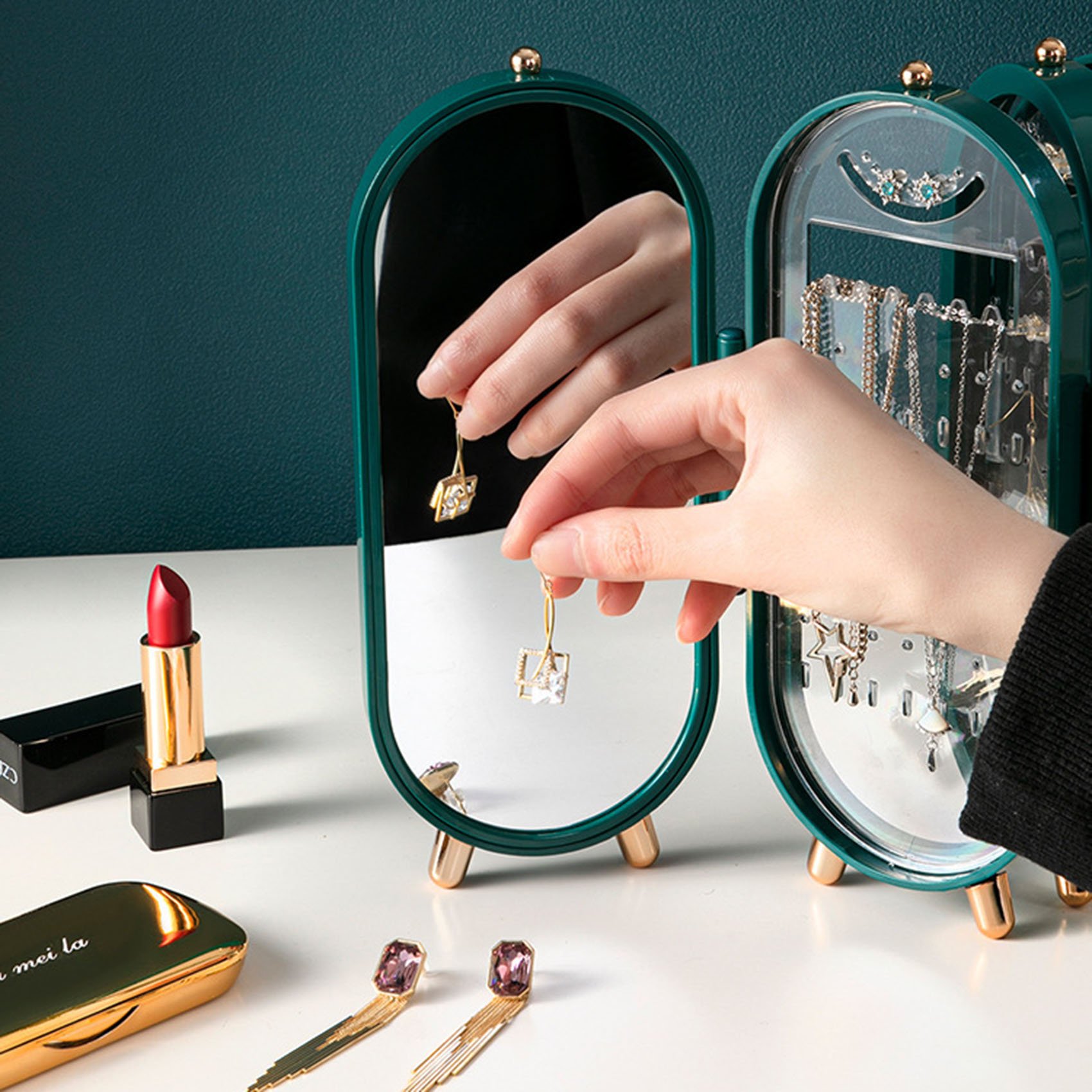 Large Mirror Display Desktop Organizer 4 Fan Necklace Earrings Ring Organizer Cosmetic Jewelry display box Storage box