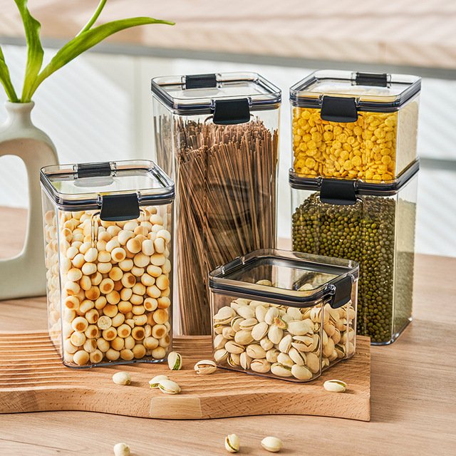 Home made in China kitchen rectangle transparent clear plastic airtight dry cereal food storage containers set