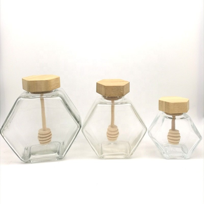 100ml 220ml modern style hexagonal custom glass honey bottle pot jar with wooden bamboo lid