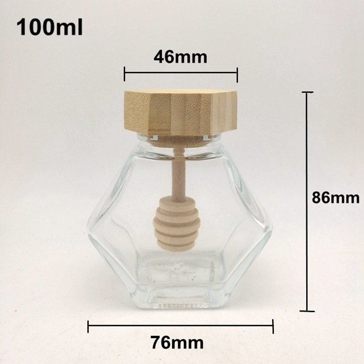 100ml 220ml modern style hexagonal custom glass honey bottle pot jar with wooden bamboo lid