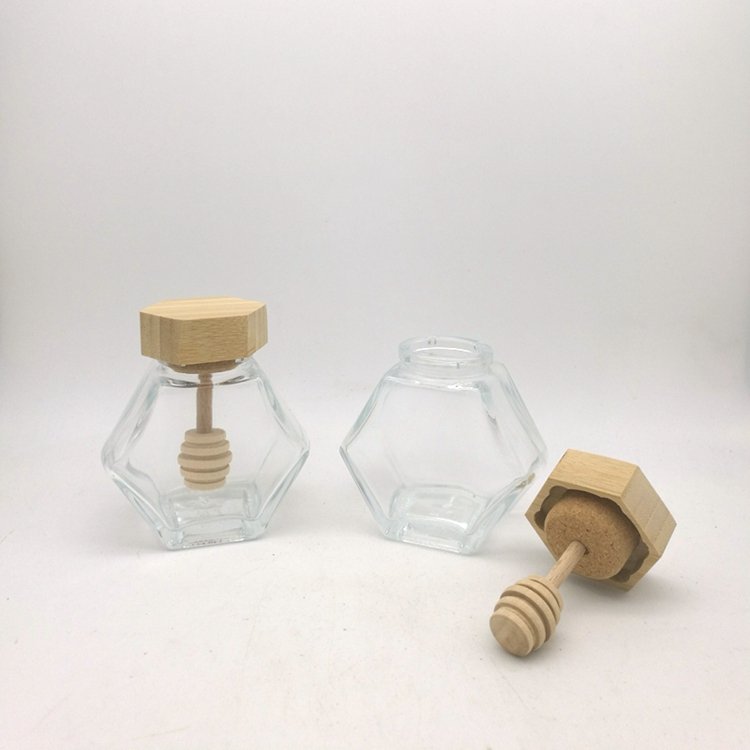 100ml 220ml modern style hexagonal custom glass honey bottle pot jar with wooden bamboo lid