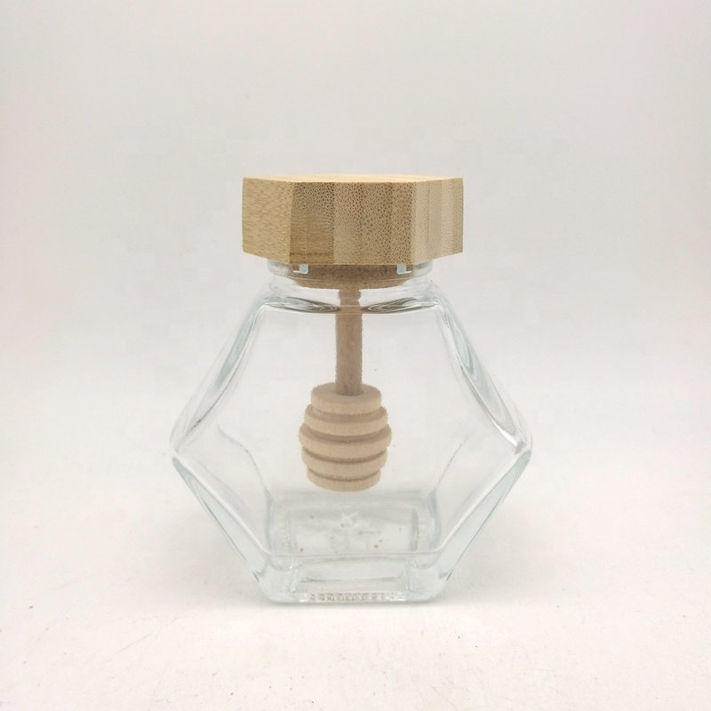 100ml 220ml modern style hexagonal custom glass honey bottle pot jar with wooden bamboo lid