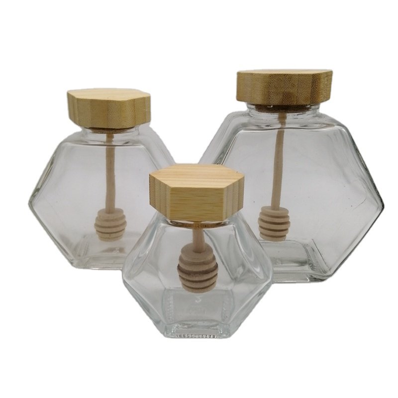 100ml 220ml modern style hexagonal custom glass honey bottle pot jar with wooden bamboo lid