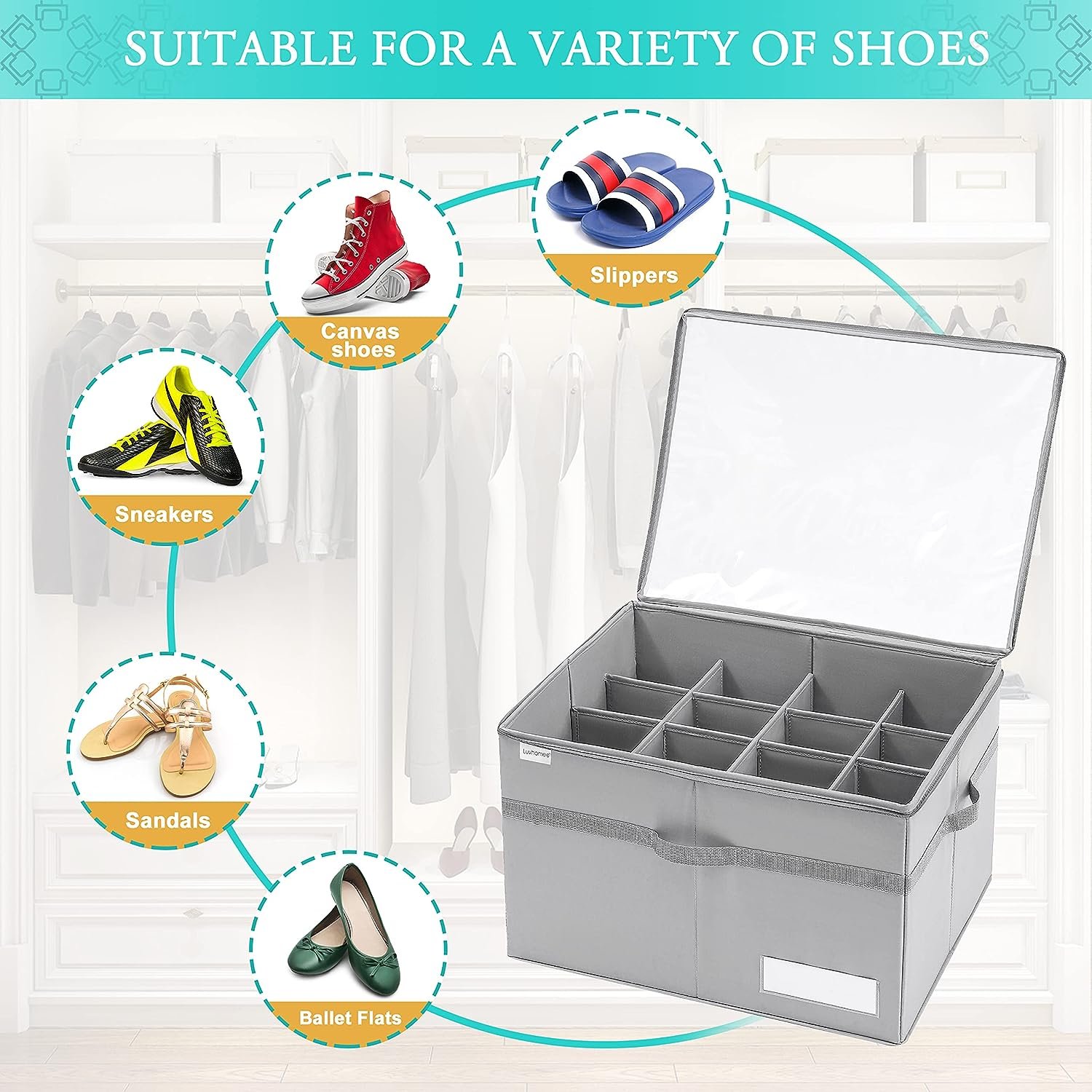 Multifunctional 16 Pairs Transparent Divided Show Classified Grids Organizer Basket Clear Foldable Shoe Storage Box With Zipper