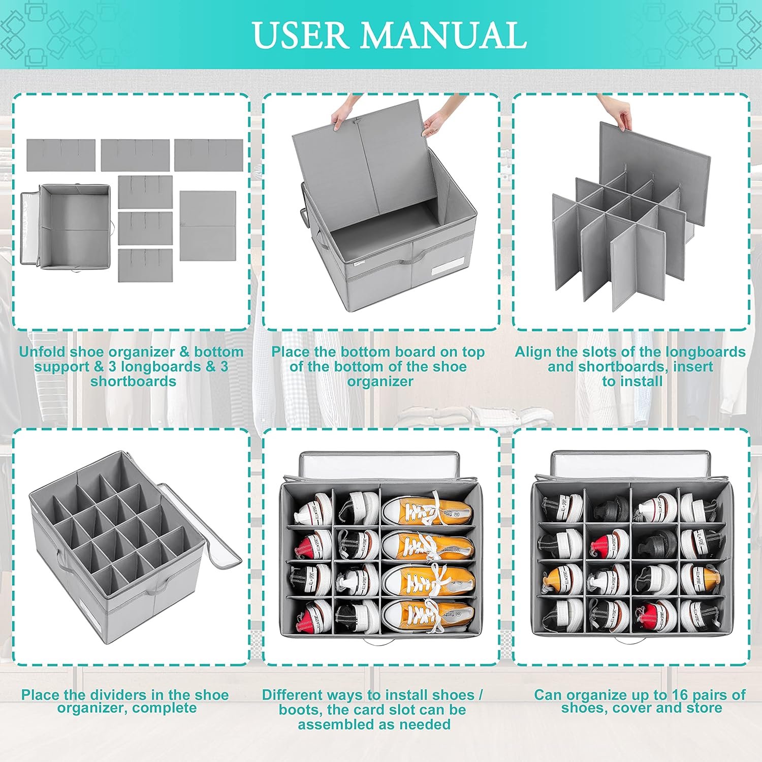 Multifunctional 16 Pairs Transparent Divided Show Classified Grids Organizer Basket Clear Foldable Shoe Storage Box With Zipper