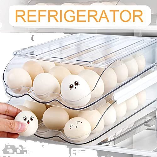 BPA free Stackable sturdy Plastic Rolling Egg storage box Tray Holder egg Box with lid storage for Refrigerator