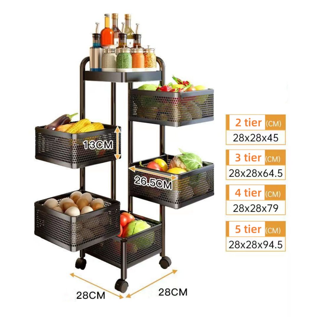Rotatable Basket With Wheels Detachable Square Food Storage Trolley Multilayer Metal Kitchen Shelf