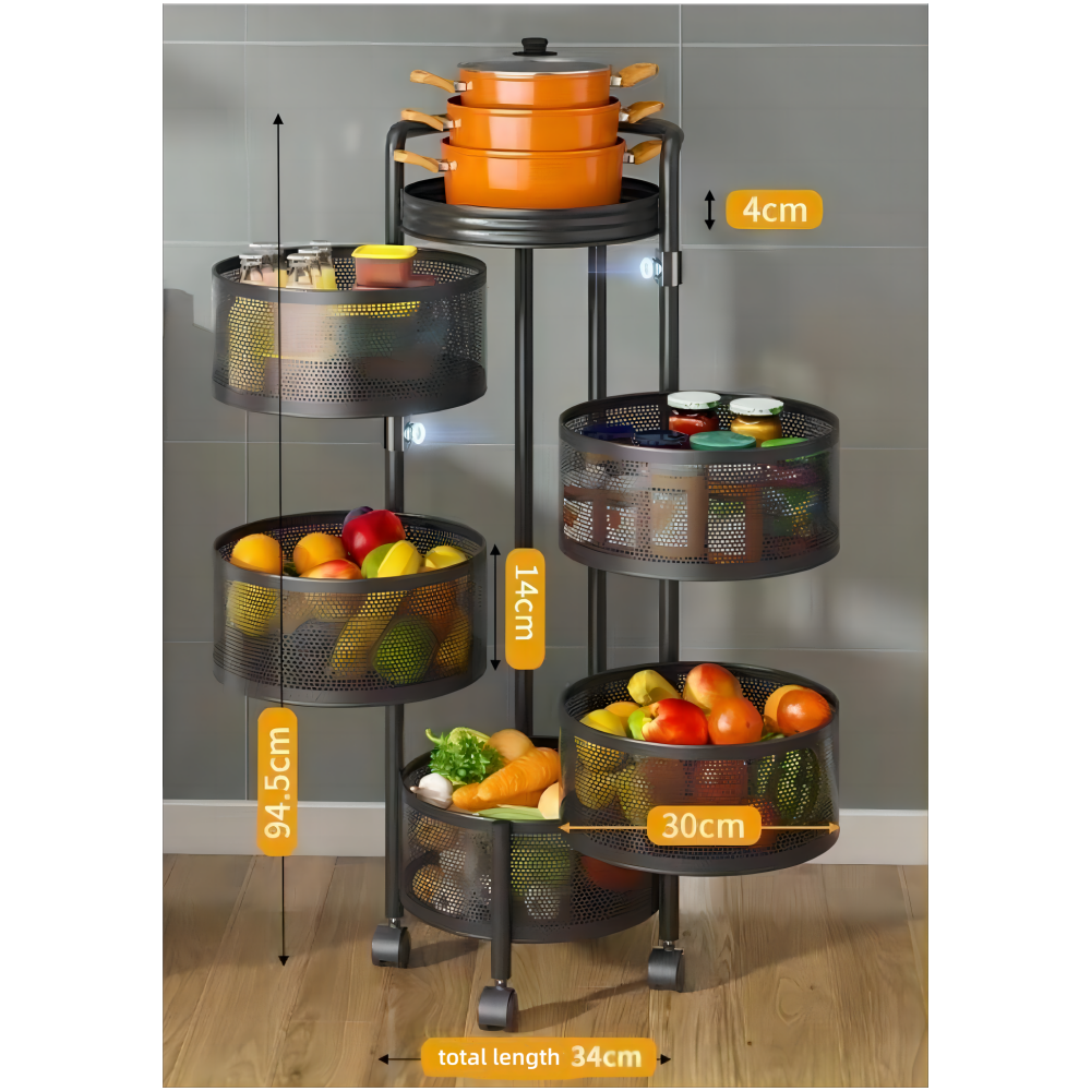 Rotatable Basket With Wheels Detachable Square Food Storage Trolley Multilayer Metal Kitchen Shelf