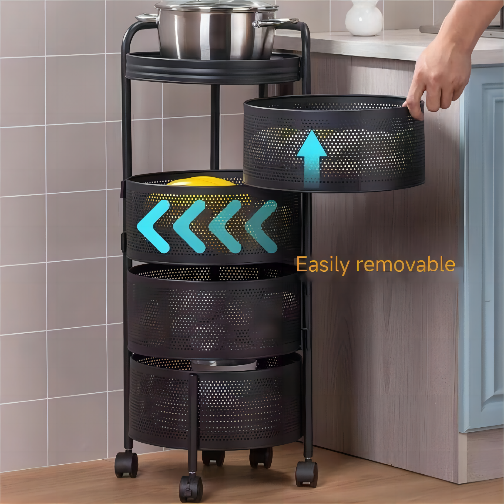 Rotatable Basket With Wheels Detachable Square Food Storage Trolley Multilayer Metal Kitchen Shelf
