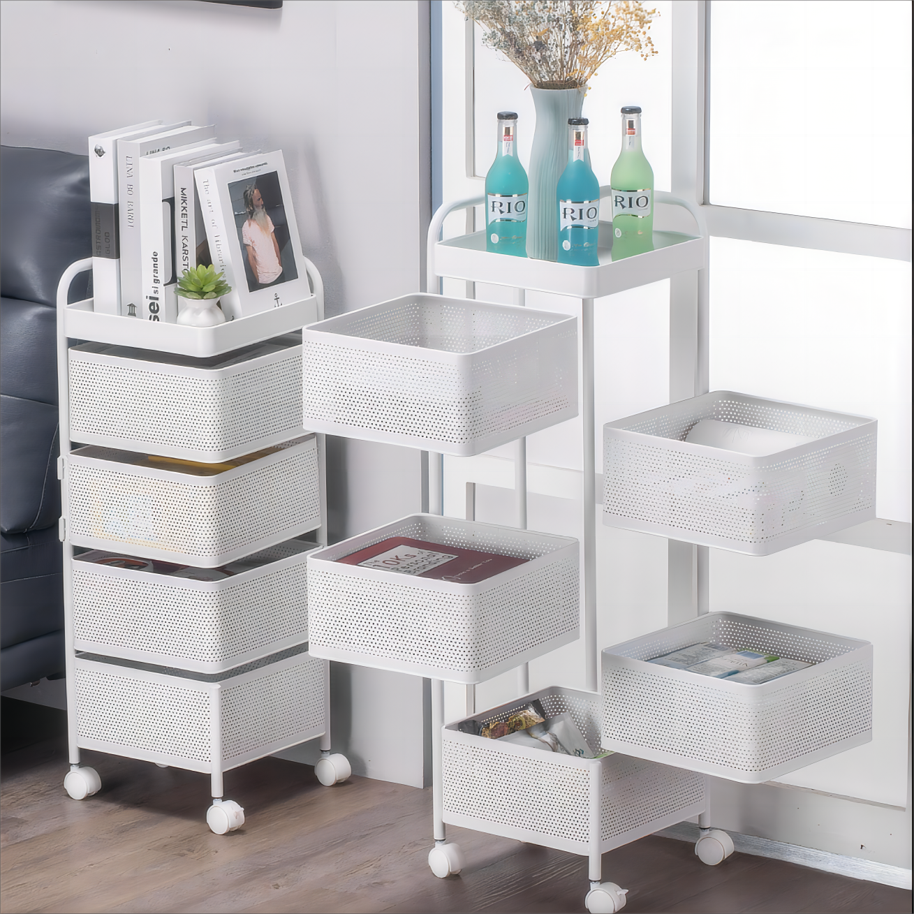 Rotatable Basket With Wheels Detachable Square Food Storage Trolley Multilayer Metal Kitchen Shelf