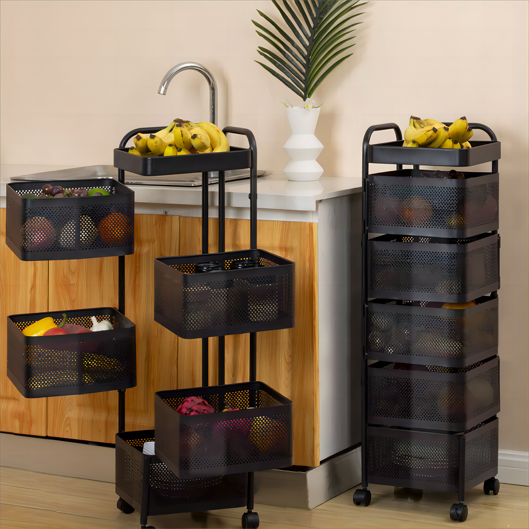 Rotatable Basket With Wheels Detachable Square Food Storage Trolley Multilayer Metal Kitchen Shelf