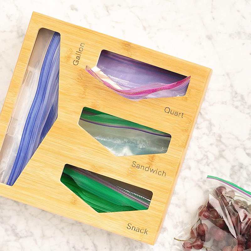 5 In 1 Bamboo Kitchen Food Storage Plastic Ziplock Bag Storage Organize Box Bamboo Food Storage Box For Drawer