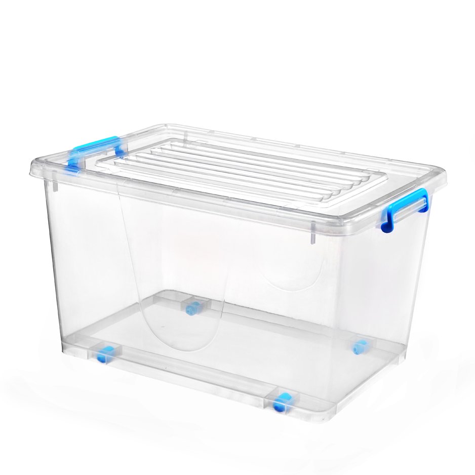 Portable 70l clear packaging plastic storage box with handle