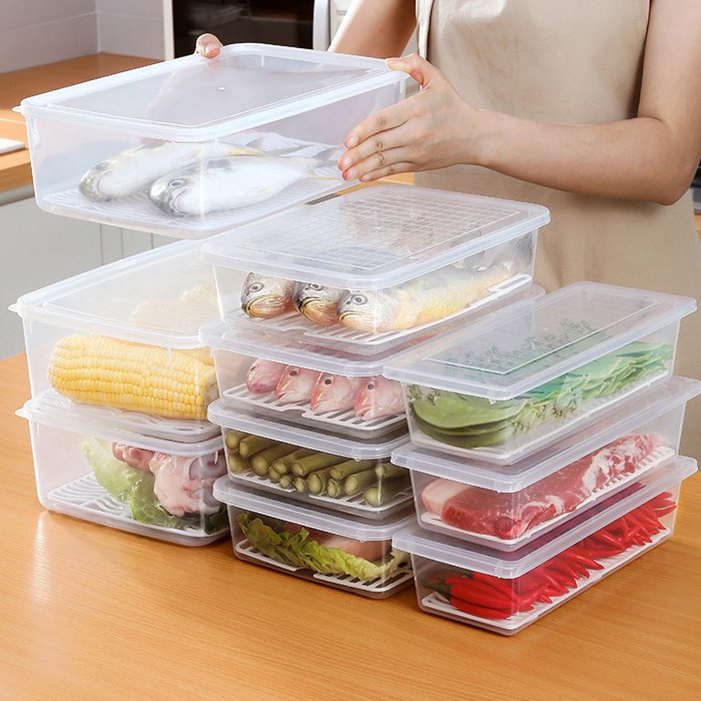 Large Kitchen Drain Plastic Fish Box Seafood Vegetable Organizer Refrigerator Fridge Double Layer Preservation Food Storage Box