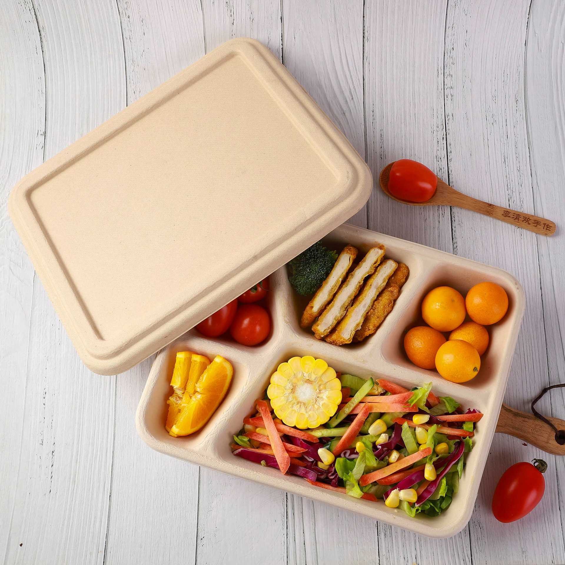 RUEIJHU Tray Food Baking Pan For Kitchen Outdoor Camping 700ml Disposable Biodegradable Takeaway Packaging 4 Compartments Lunch
