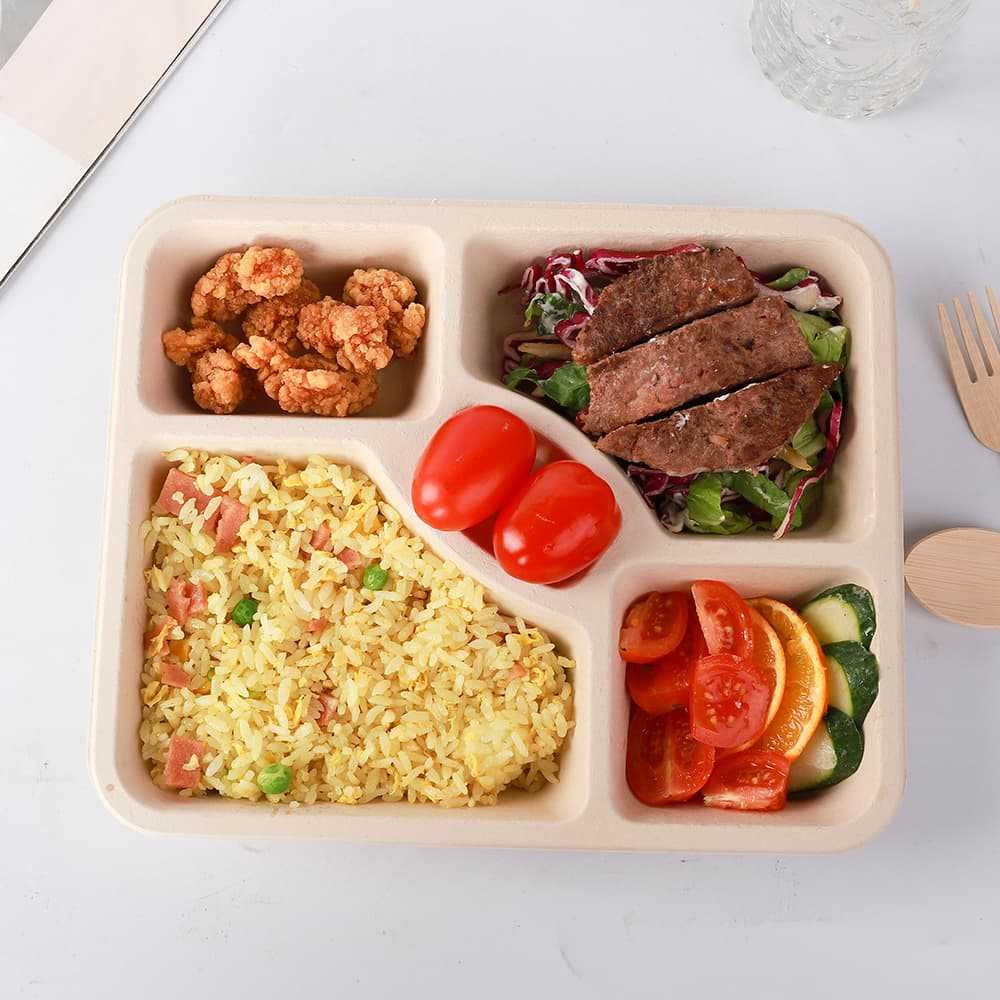 RUEIJHU Tray Food Baking Pan For Kitchen Outdoor Camping 700ml Disposable Biodegradable Takeaway Packaging 4 Compartments Lunch