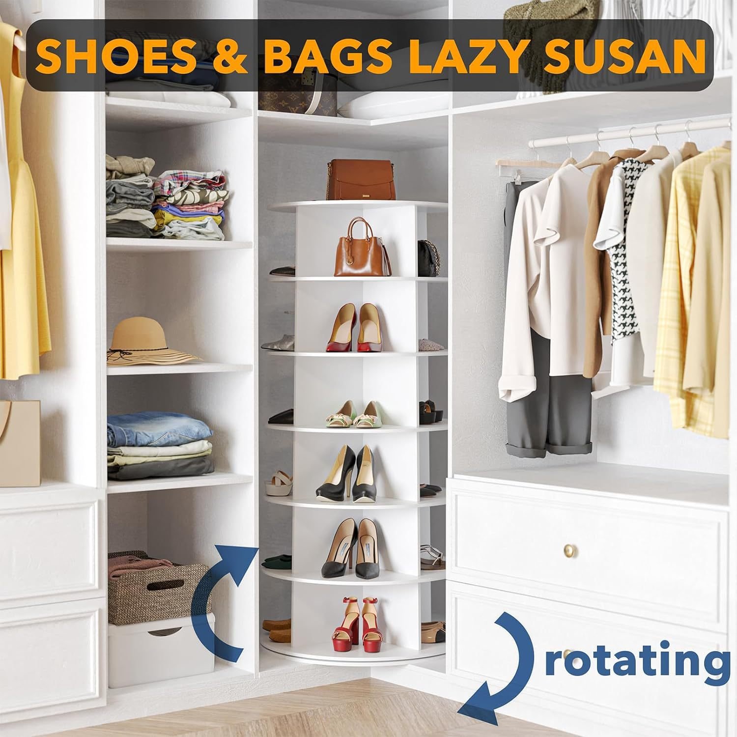 Spinning Shoe Display Revolving 360 Shoe Rack Storage Round Carousel, Vertical Handbag Rotate Shoes Closet Organization