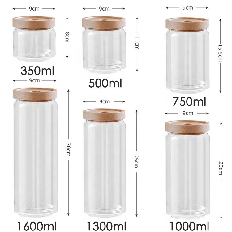 Elegant Food Safe Kitchen Glass Pasta Cookies Spice Storage Jar Container Set with Stackable Beech Wooden Airtight Lid