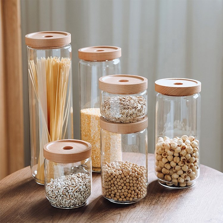 Elegant Food Safe Kitchen Glass Pasta Cookies Spice Storage Jar Container Set with Stackable Beech Wooden Airtight Lid
