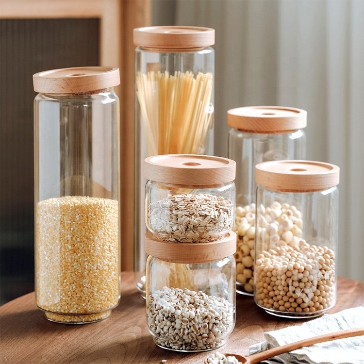 Elegant Food Safe Kitchen Glass Pasta Cookies Spice Storage Jar Container Set with Stackable Beech Wooden Airtight Lid