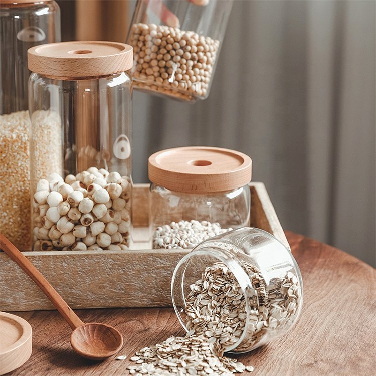 Elegant Food Safe Kitchen Glass Pasta Cookies Spice Storage Jar Container Set with Stackable Beech Wooden Airtight Lid