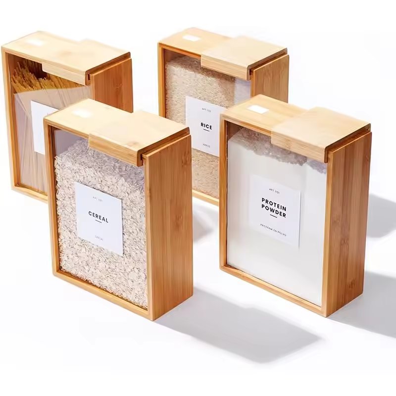 Household multifunctional wooden storage box Kitchen wooden bean storage box Creative solid wood grain dispenser